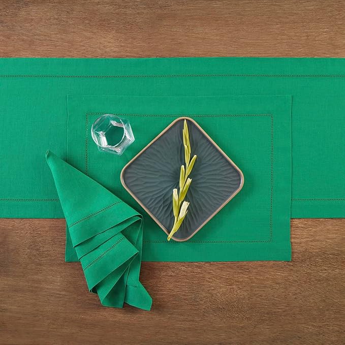 Solino Home Linen Cloth Placemats Set of 4-100% Pure Linen Hemstitch Emerald Green Placemats 14 x 19 Inch - Classic Hemstitch Table Place Mats for New Year