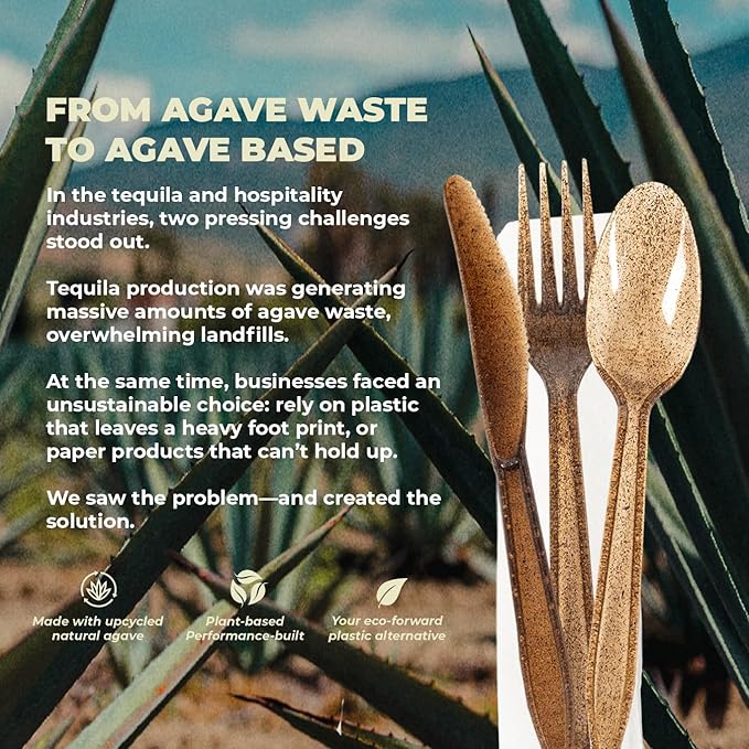 Sustainable Agave Co - Agave Fiber Cutlery Set - 200 Biofilm Wrappped Sets / 600 Pieces - Plant-Based, Made With Upcycled Materials - Bulk Brown Forks, Knives & Spoons Variety Pack