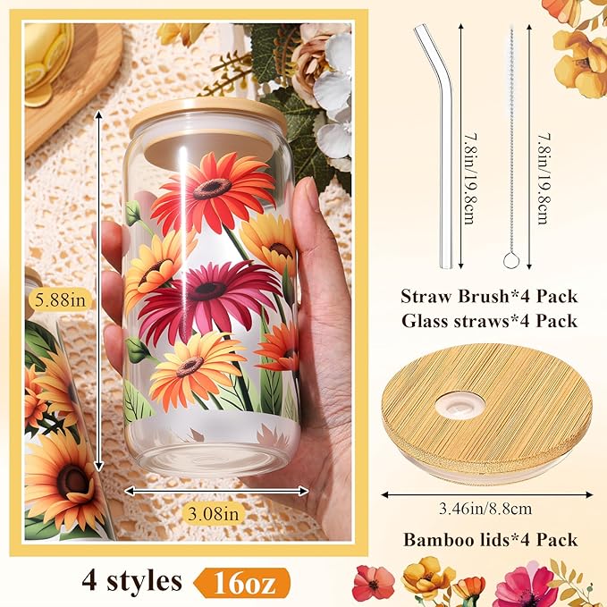 Mumufy 4 Pcs Oil Flower Themed Gifts for Women Cute Glass Cup Tumbler Flower Iced Coffee Mugs 16 oz Glass with Bamboo Lid & Straw, Christmas Mothers Day Birthday Gift for Mom Sister Bridesmaid
