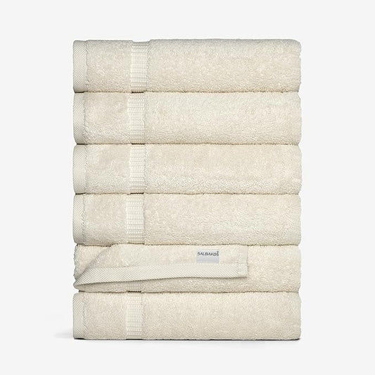 SALBAKOS 100% Turkish Cotton Hand Towel Set of 6 16x30 inch | Heirloom Quality | Hotel & Spa Collection | Ultra Soft, Super Absorbent, Long Lasting Hand Towels | Made in Turkey (Ivory, 6 Hand Towels)