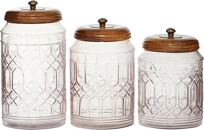 Deco 79 Glass Living Room Decorative Jars Decorative Container with Wood Lids, Set of 3 Jar with Lid 8", 9", 11"H, Clear