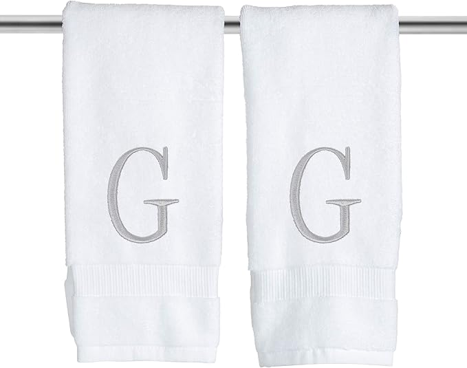 Monogrammed Hand Towels for Bathroom - Luxury Hotel Quality Personalized Initial Decorative Embroidered Bath Towel for Powder Room, Spa - GOTS Organic Certified - Set of 2 Letter G