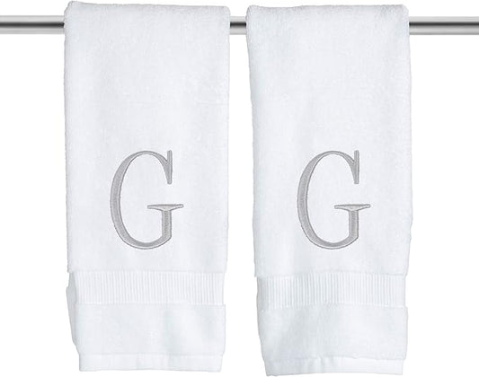Monogrammed Hand Towels for Bathroom - Luxury Hotel Quality Personalized Initial Decorative Embroidered Bath Towel for Powder Room, Spa - GOTS Organic Certified - Set of 2 Letter G