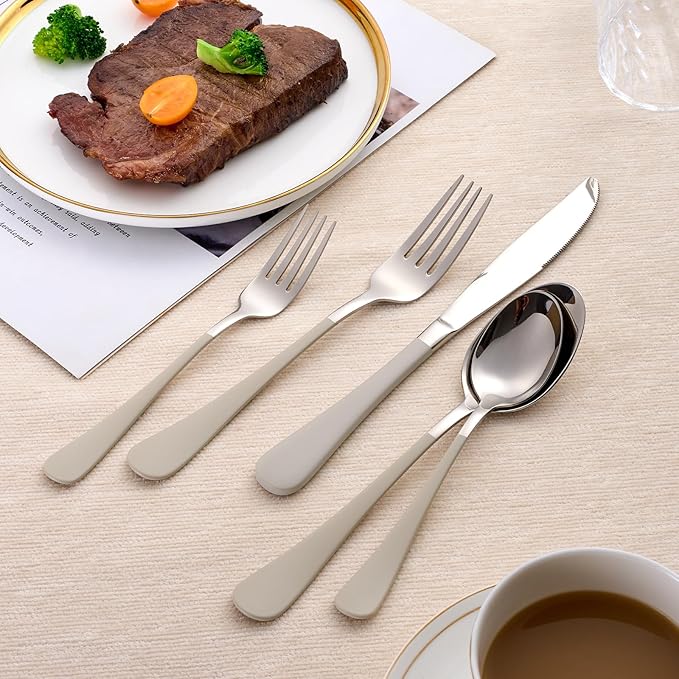 20-Piece Off white Silverware Set 18/0 Stainless Steel Silverware Set Off white Handle Cutlery Set Service for 4 Dinner Knives Forks Spoons Set Flatware Set Finish Dishwasher Safe