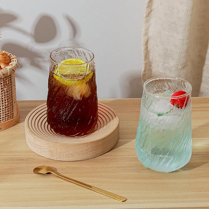Koythin 2-Piece Ribbed Glass Cups, Vintage Drinking Glassware for Iced Coffee Juice Cocktails Milk Tea Beer, 14 oz/400 ml Cute Cute Bubble Cup with Spiral Tree Texture (Irregular Twill)