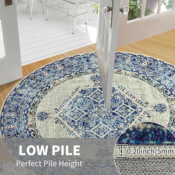 Easy-Going Round Rug 6ft Area Rug Washable Boho Circle Rugs for Living Room Non-Slip Bedroom Rug Low Pile Lightweight Medallion Distressed Throw Rug for Dining Room Kitchen Office, Vintage Blue Cream
