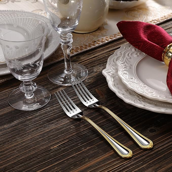 KEAWELL Pearl Edge 4-Piece Premium Fork Set, 18/10 Stainless Steel, Fine Silverware Forks with Mirror Finish and Exquisite Craftsmanship, Gold Accent, Dishwasher Safe (4, 7.3" Salad Forks)