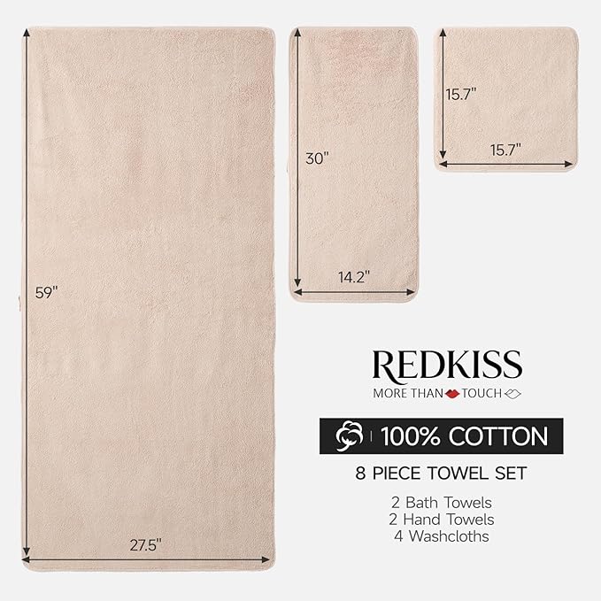 REDKISS 6-Piece Bath Towel Set, Ultra-Plush & Highly Absorbent 100% Cotton Towels for Bathroom, Pink Set Includes 2 Bath Towels, 2 Hand Towels, 2 Washcloths