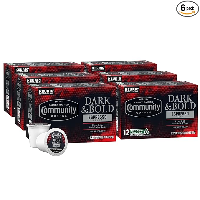 Community Coffee Dark & Bold Espresso Roast Coffee Pods, 72 count, Extra Dark Roast Compatible with Keurig 2.0 K-Cup Brewers, 12 Count (Pack of 6)