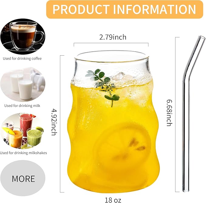 2 Pcs Ribbed Glass Cups Set with Straws 18 Oz Vintage Drinking Glassware Ripple Cocktail Glasses for Iced Coffee Soda Tea Juice Beverage Milk Reusable Tumblers