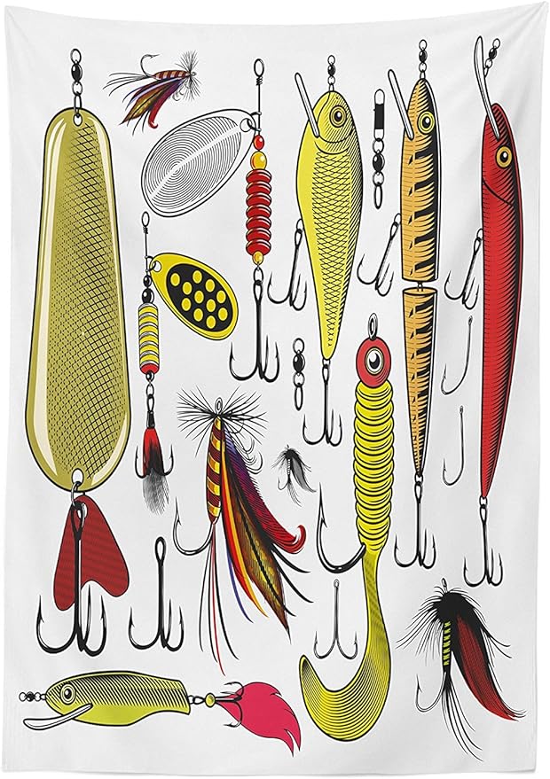 Ambesonne Fishing Tablecloth, Group of Artificial Bait Twister Trapping Activity Hunting Fishing Concept, Rectangular Table Cover for Dining Room Kitchen Decor, 52" X 70", Yellow Red