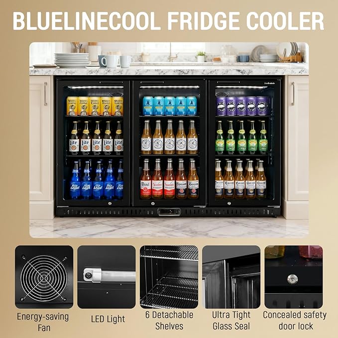 Commercial Back Bar Cooler with 3 Glass Doors, 11.5 cu.ft Under Counter Beverage Refrigerator, LED Lighting - ETL Certified Beer and Wine Cooler for Bar, Restaurant, Garage, Office, Home