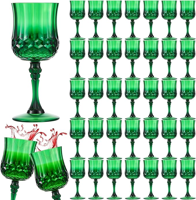 Pinkunn 50 Pcs 7 oz Plastic Vintage Wine Glasses Reusable Colored Goblets Patterned Drinking Water Glasses Cup Dishwasher Safe for Christmas Wedding Reception Party Supplies (Green)