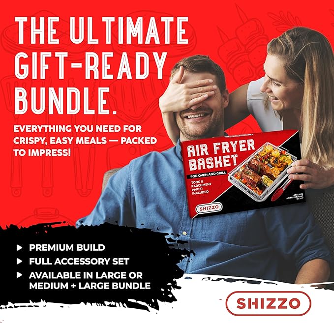 Shizzo Air Fryer Basket for Oven– Large Stainless Steel Air Fryer Tray and Pan Set with 50 Parchment Papers & Food Tongs – Oven Air Fryer Basket for Baking, Grilling, Crisping - Kitchen Gift For Mom