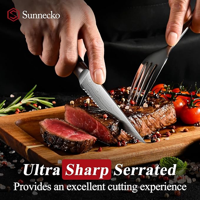 Sunnecko Steak Knives Set of 8,Premium Stainless Steel Serrated Steak Knives Set,Pakkawood Handle 4.5 Inch Kitchen Steak Knife with Gift Box(White/Black Handle)