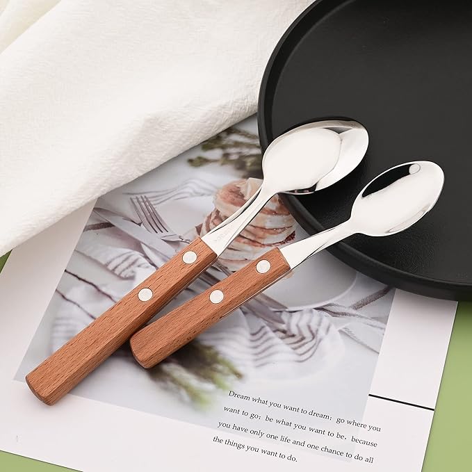 Natural Wood Dinner Spoons Set, 7.9" Stainless Steel Table Spoons with Wooden Handle, Rivet Handle Design, Set of 8