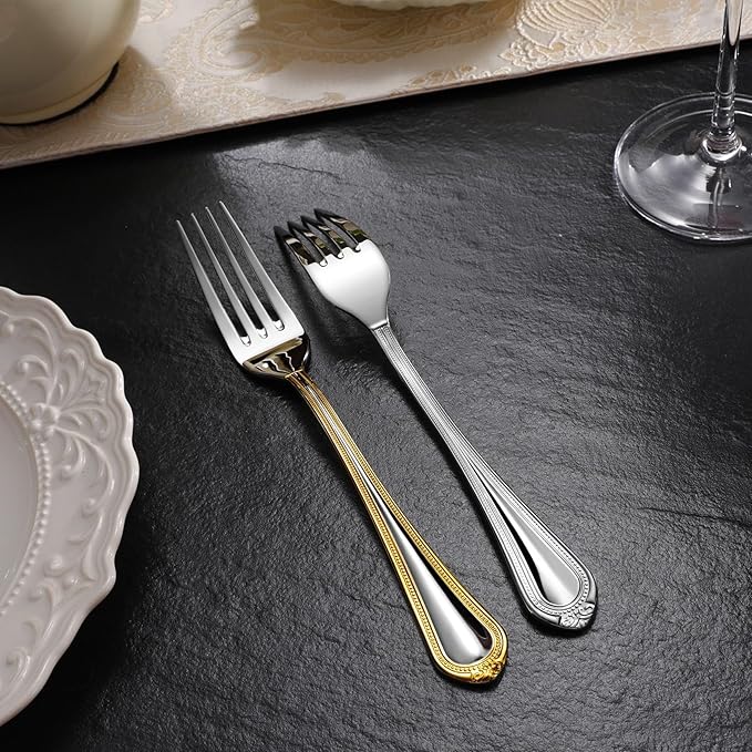 KEAWELL Pearl Edge 4-Piece Premium Fork Set, 18/10 Stainless Steel, Fine Silverware Forks with Mirror Finish and Exquisite Craftsmanship, Gold Accent, Dishwasher Safe (4, 8" Dinner Forks)
