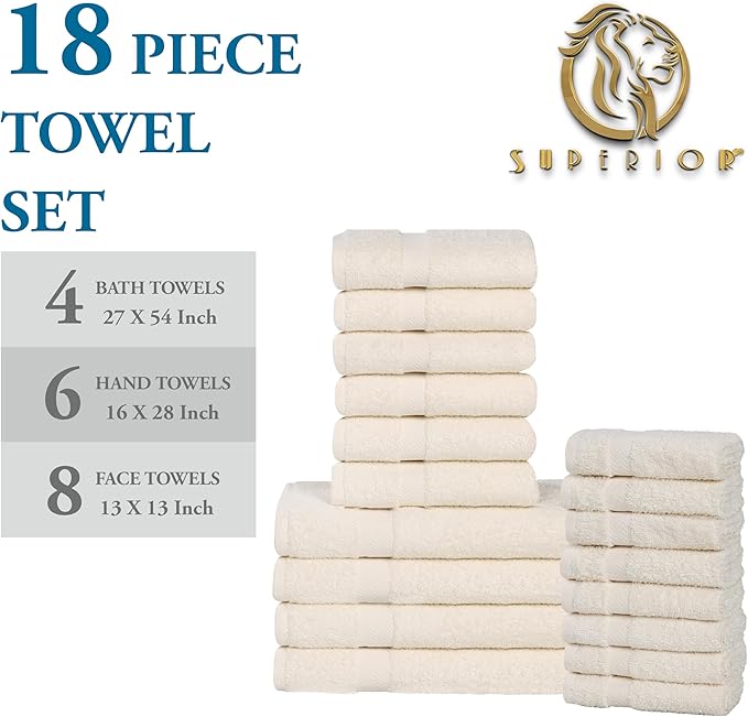 Superior 18-Piece Cotton Assorted Towel Set, Includes 8 Face/Washcloths, 6 Hand, and 4 Bath Towels, Lightweight Essentials, for Home, Gym, Beach, Bathroom, Quick Drying, Franklin Collection, Ivory