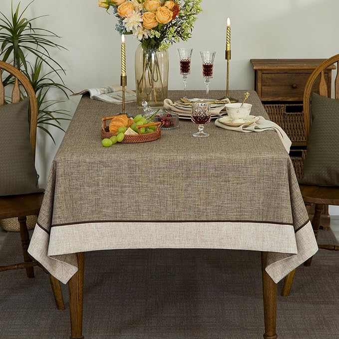 Solid Bordered Retro Tablecloths Classic Textured Linen Style Rustic Washable Tablecloth, Rectangle Table Cloth, Kitchen Dinning Tabletop Decoration, Oblong Table Cover Flax 55x120 Inch