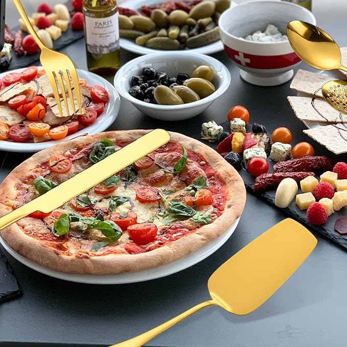 HOUSEWARE Gold Catering Utensils Set,11 Pieces Stainless Steel Flatware Serving Set for Buffet Party include Cake Knife Cutter Large Fork Spoon ladle Skimmer Spatula Turner Server