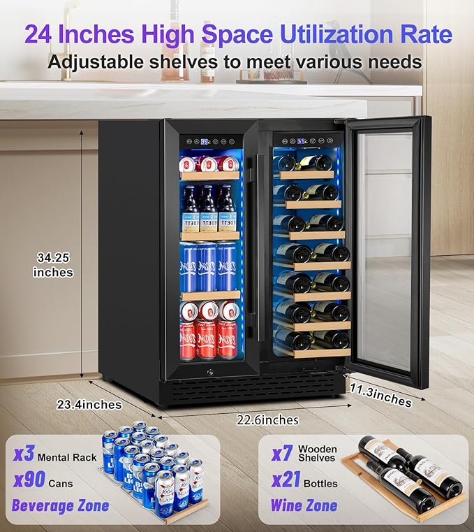 24 Inch Wine and Beverage Refrigerator，90 Can & 21 Bottle Dual Zone Wine Fridge Cooler, Built-In or Under Counter Fridge with 3 LED, Fast Cooling & Low Noise for Home/Kitchen
