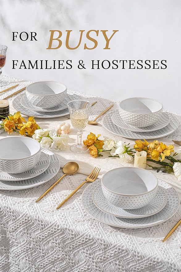 12 Piece Embossed Dinnerware Sets for 4, Elegant Plates and Bowls Sets, Microwave & Dishwasher Safe, Stoneware for Stylish Home Dining–Perfect Housewarming Gift for Busy Families & Hostesses