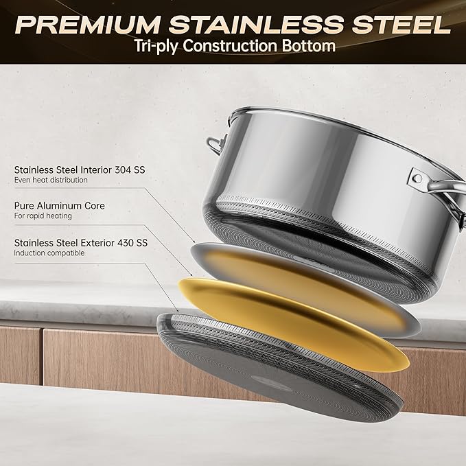 Hybrid Nonstick 4-Quart Stockpot,9.5 Inch Stainless Steel Stockpot with Glass Lid,PFAS PFOA PTFE Free, Dishwasher-Friendly,Oven-Safe Up to 600°F,Non-stick Soup Pot Compatible with All Cooktops