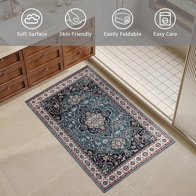 Easy-Going Area Rug 2x3 Washable Medallion Distressed Entryway Rugs Front Door Mat Indoor Entrance Non-Slip Vintage Retro Small Entry Rug for Bedroom Kitchen Bathroom Lightweight Carpet, Teal Brick