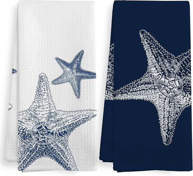 Coastal Starfish Beach Decor Dish Hand Tea Towels for Bathroom Kitchen, Blue Starfish Ocean Nautical Beachy Bathroom Decor, Coastal Nautical Kitchen Towels and Dishcloths Sets of 2, 16x24Inch
