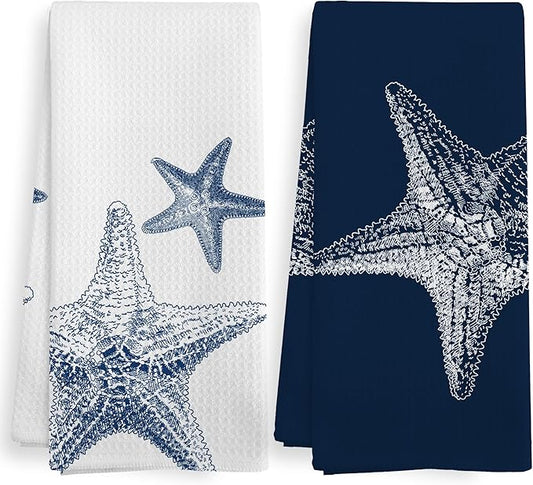 Coastal Starfish Beach Decor Dish Hand Tea Towels for Bathroom Kitchen, Blue Starfish Ocean Nautical Beachy Bathroom Decor, Coastal Nautical Kitchen Towels and Dishcloths Sets of 2, 16x24Inch