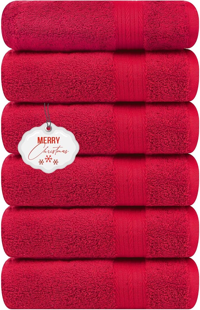 Ample Decor Hand Towels for Bathroom 18 X 28 Inch 600 GSM 100% Cotton, Soft Absorbent - 6 Pcs Christmas Red
