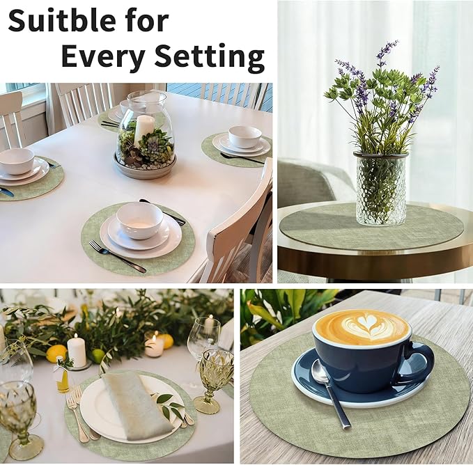 Maxpearl Round Placemats Set of 6, 13.8 inch Faux Leather Heat Resistant Table Mats, Non Slip Waterproof Wipeable Place Mats for Kitchen Dining Holiday Party Table Settings, Sage Green