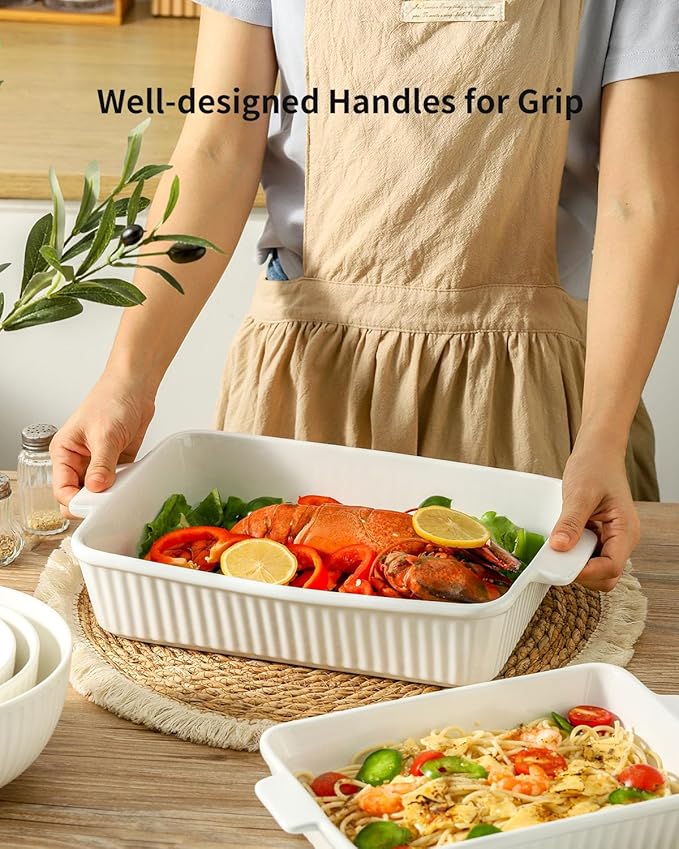 Hasense Casserole Dish, 9 x 13 Inches Ceramic Baking Dish, Extra Deep Lasagna Pans for Oven, Rectangular Bakeware with Handles, Wedding Housewarming Gifts, 15 x 9.2 x 3.1 Inches, White