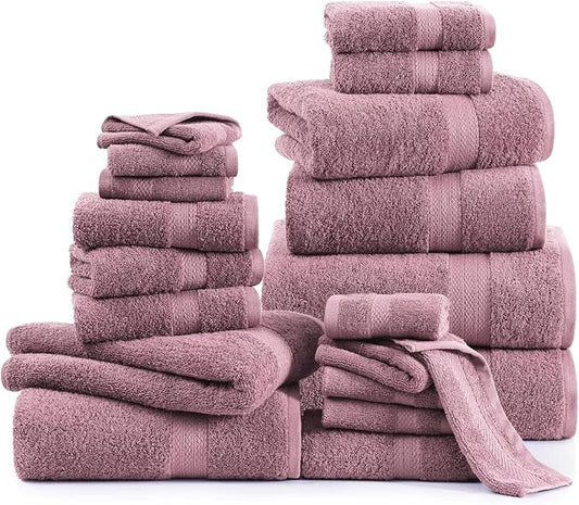 LANE LINEN Bathroom Towels Set - 24 PCs - 100% Ring Spun Cotton - Quick Dry, Soft & Absorbent - 4 Bath, 4 Fingertip, 6 Hand Towel, 8 Washcloths, 2 Bath Sheets - Towels for Regular Use - Wistful Mauve