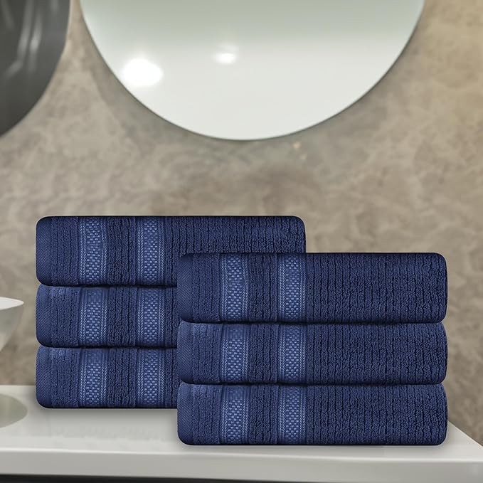 Superior Cotton Hand Towel Set, Zero Twist, Ribbed Geometric, Small Towels, Plush Soft Absorbent Bathroom Basics, Home Essentials, Spa, Salon, Hotel, Kitchen, Luxury Quick Drying, Set of 6, Navy Blue