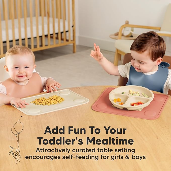 KeaBabies 2-Pack Silicone Placemats for Toddlers - 12x9 Non Slip Suction Baby Silicone Placemat for Kids Eating, Easy to Clean, Busy Travel Baby Mat for Dining Table, Food Grade/BPA-Free (Roseate)