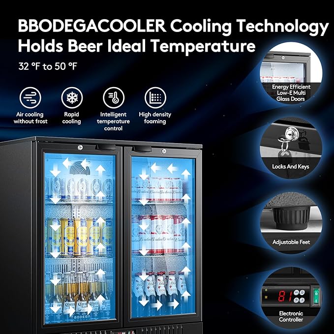 BODEGACOOLER Back Bar Cooler with 2 Doors Under Counter ,7.4cu.ft Glass Door Bar Refrigerator with LED Lighting,Black Bar Cooler,Built-In or Under Counter Freestanding Hold 68 bottles or 220 cans