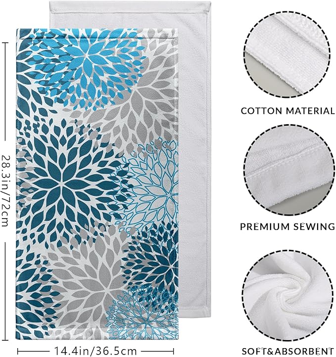 Blue Gray Dahlia Flowers Hand Towels Navy Floral Kitchen Towel Soft Decorative Dish Towels Absorbent Durable Tea Towel Set for Bathroom Kitchen Decor Hotel