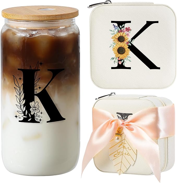 AYGXU Bridesmaid proposal gifts,16oz glass cups with bamboo lid,Travel Jewelry Organizer,Bridesmaid Gifts for Women,Wedding Travel Essentials Small Jewelry Box,Initial K white