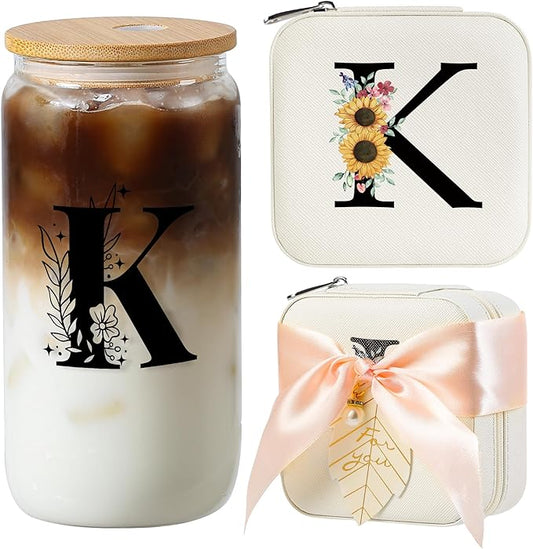 AYGXU Bridesmaid proposal gifts,16oz glass cups with bamboo lid,Travel Jewelry Organizer,Bridesmaid Gifts for Women,Wedding Travel Essentials Small Jewelry Box,Initial K white