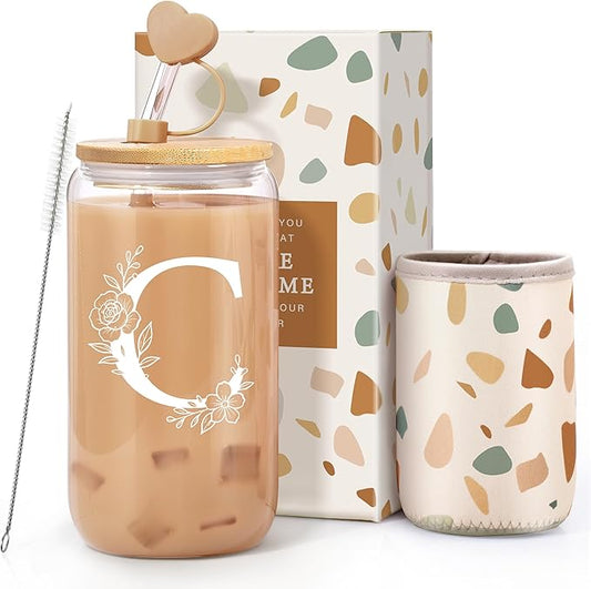 Personalized Gifts for Women, Monogrammed Gifts for Women, Initial 16 oz Glass Cups With Lids and Straws, Customized Mug, Personalized Birthday Gifts Christmas Gifts for Her Mom Friend Woman, C