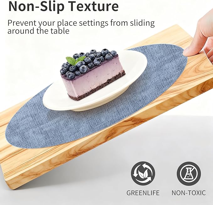 Maxpearl Round Placemats Set of 6, 13.8 inch Faux Leather Heat Resistant Table Mats, Non Slip Waterproof Wipeable Place Mats for Kitchen Dining Holiday Party Table Settings, Blue