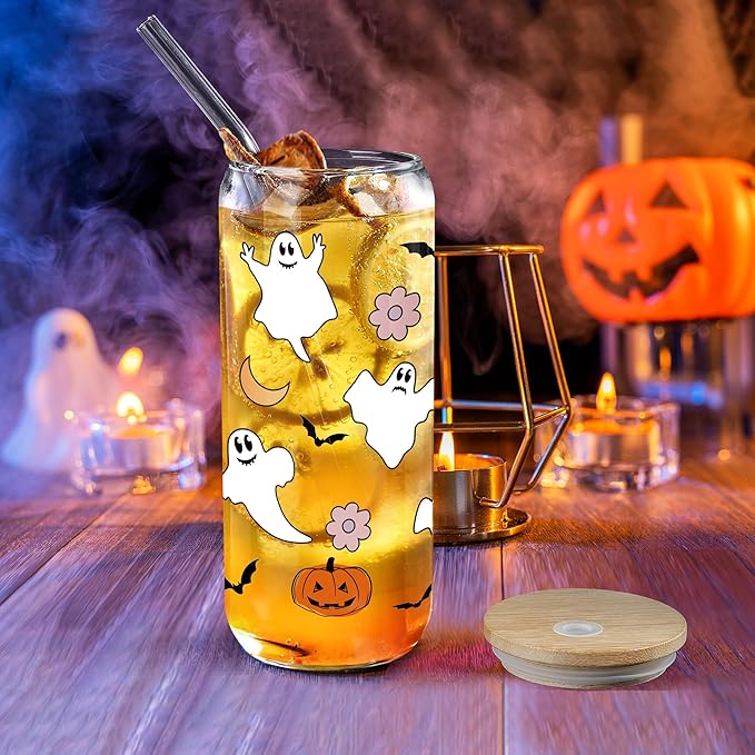 Joeyan Halloween Glass Cups with Lids and Straws,20 oz Pumpkin Ghost Iced Coffee Tumbler,Cute Spooky Can Shaped Beer Drinking Glasses,Holiday Gifts for Women Mom Friend Teen