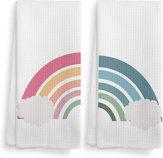 Boho Nursery Pink and Blue Rainbow Cloud Bohemian Kitchen Towels and Dishcloths Set of 2,Boho Absorbent Drying Cloth Hand Towels Tea Towels for Bathroom Kitchen,Boho Gifts for Teen Girls,16×24 inches