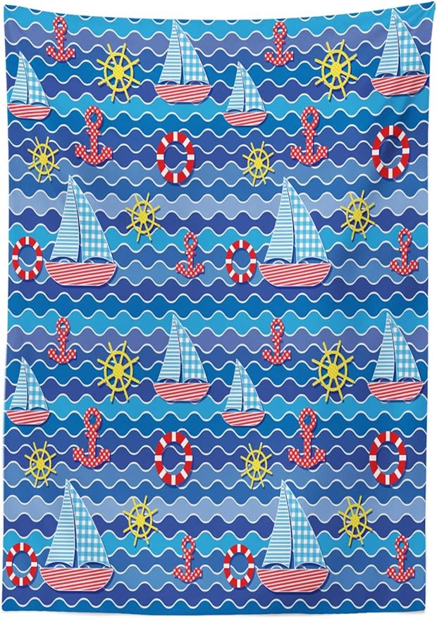 Ambesonne Anchor Tablecloth, Ahoy Anchor Art Ocean Sailboat Wheel Sea Life Ocean Waves Marine Theme Boys and Girls, Rectangular Table Cover for Dining Room Kitchen Decor, 60" X 90", Blue