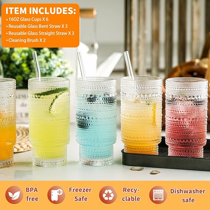KEMORELA Glass Cups Vintage Glassware Set of 6 Large, Hobnail Drinking Glasses, 16oz Glass Cups With Straws, Romantic Hobnail Highball Glasses, Bar Beverages Ice Coffee Cup Glassware