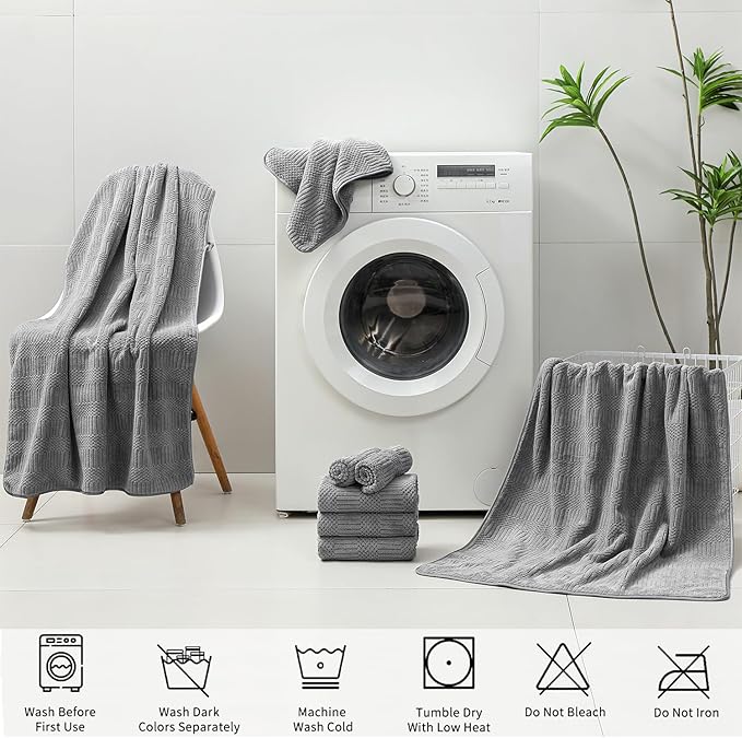 18 Pcs Gray Woven Family Towels Set-6 Bath Sheets,6 Hand Towels,6 Washcloths Soft Microfiber Towels Absorbent Shower Towel Quick Dry Beach Chair Towel Lint Less Towels Set for Bathroom Spa Gym Hotel