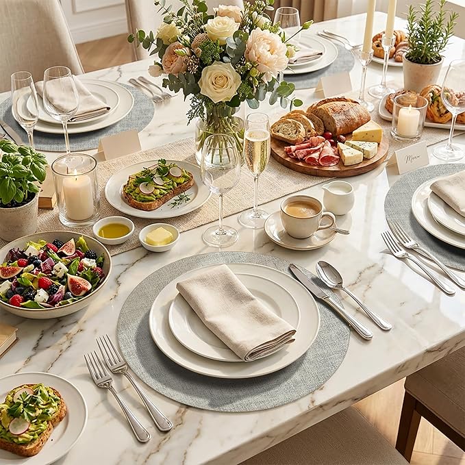 15 inch Faux Leather Round Placemats Set of 6 Non-Slip Washable Wipeable Table Mats, Heat Resistant Waterproof Oilproof Grey Place Mats for Kitchen, Dining, Party, Indoor, Outdoor