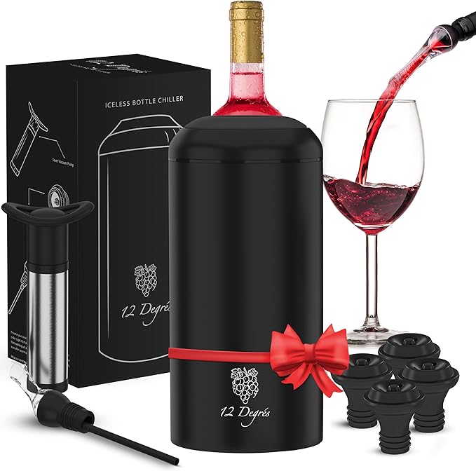 Wine Chiller Set - Perfect Wine Gifts for Women & Men - Stainless Steel Insulated Wine Cooler with Wine Pump, Aerator & 4 Stoppers (Black)