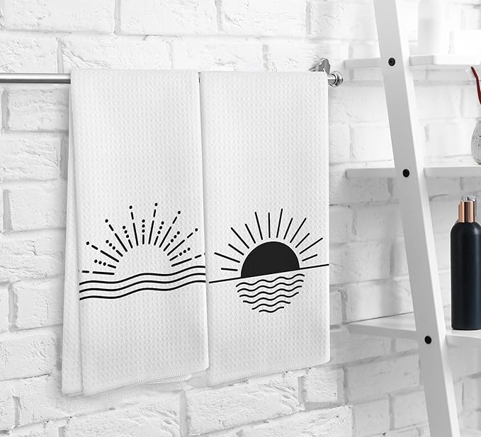 Minimalist Boho Black Sun Sunrise Sunray Sunburst Ocean Wave Sea Horizon Kitchen Towels and Dishcloths Sets of 2,Boho Absorbent Drying Cloth Hand Towels Tea Towels for Bathroom Kitchen,16×24 inches
